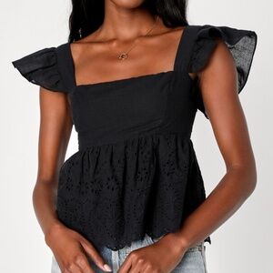 Lulus Always Your Baby Black Ruffled Eyelet Babydoll Top - Size M